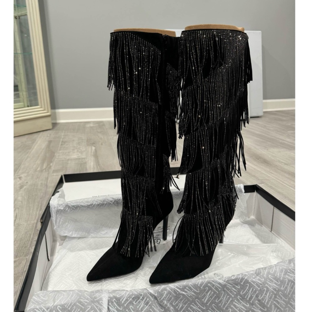 New!  INC International Concepts Black Fringe Heeled Boots